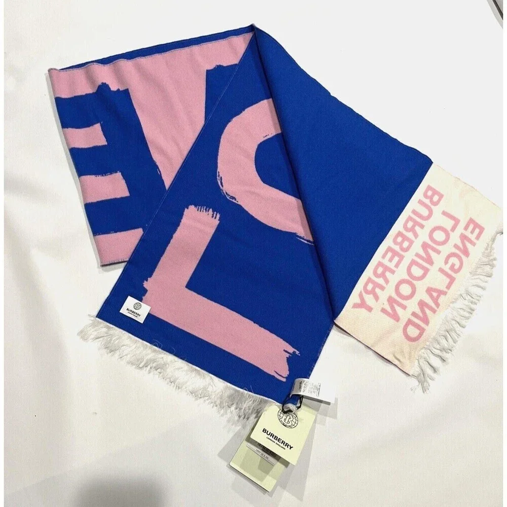 Burberry Love Wool Silk Jacquard Blend Football Scarf Frosted Pink